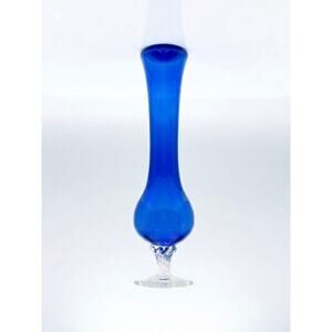 Vintage Cobalt Blue Glass Bud Vase – Hand-Blown Long Neck Vase with Twisted Base